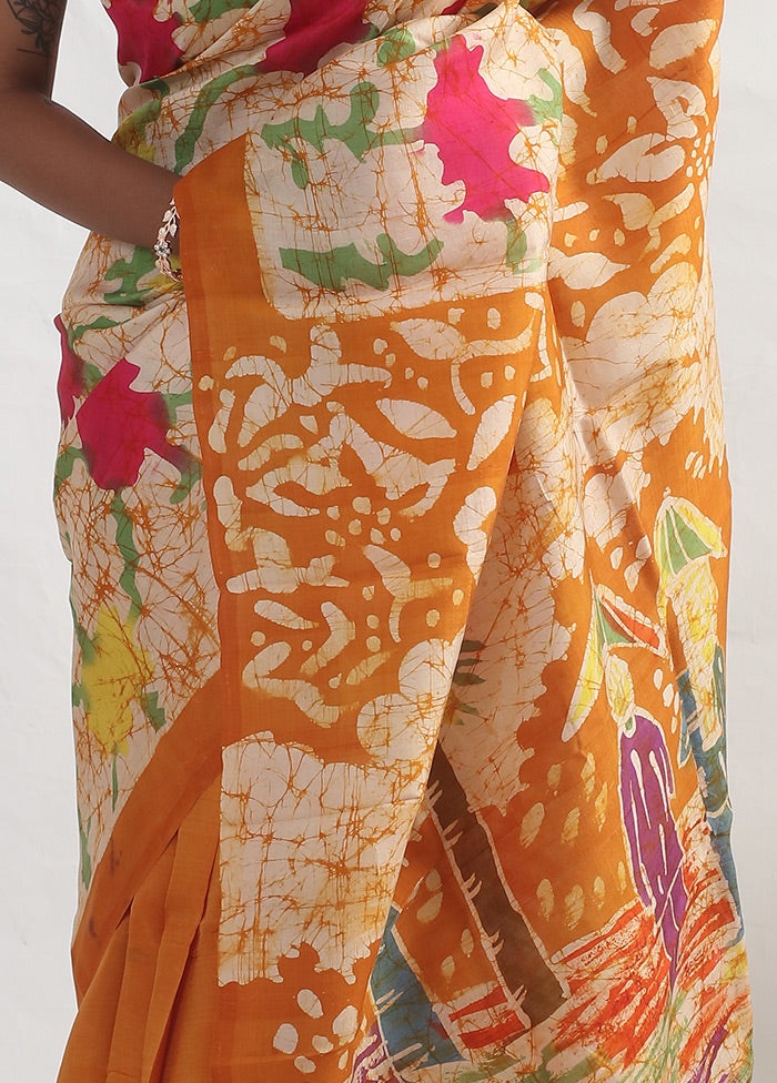 Cream Batik Printed Pure Silk Saree With Blouse Piece - Indian Silk House Agencies