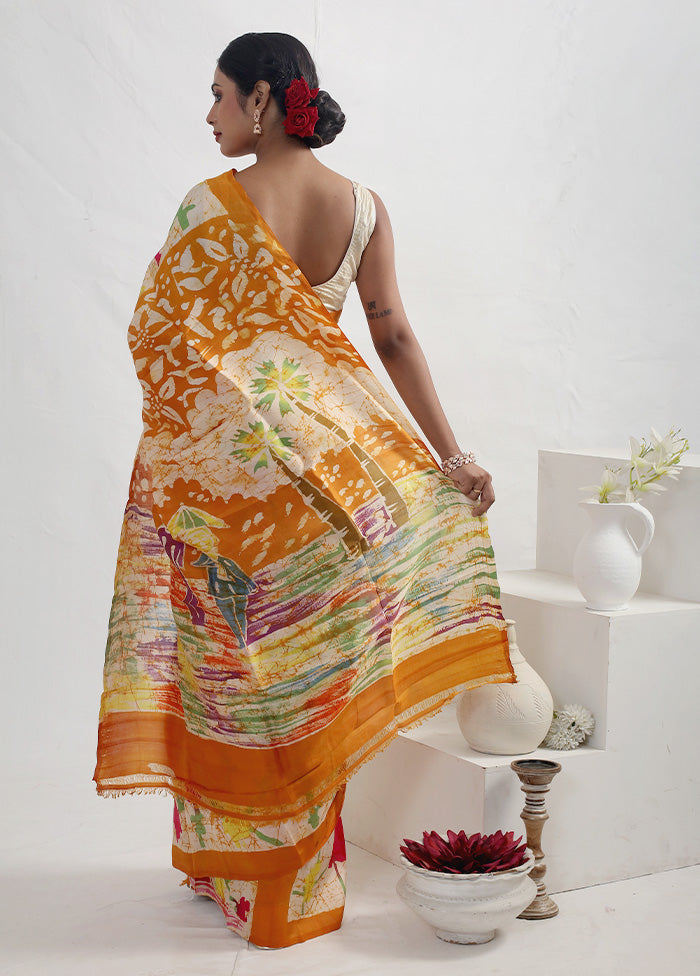 Cream Batik Printed Pure Silk Saree With Blouse Piece - Indian Silk House Agencies
