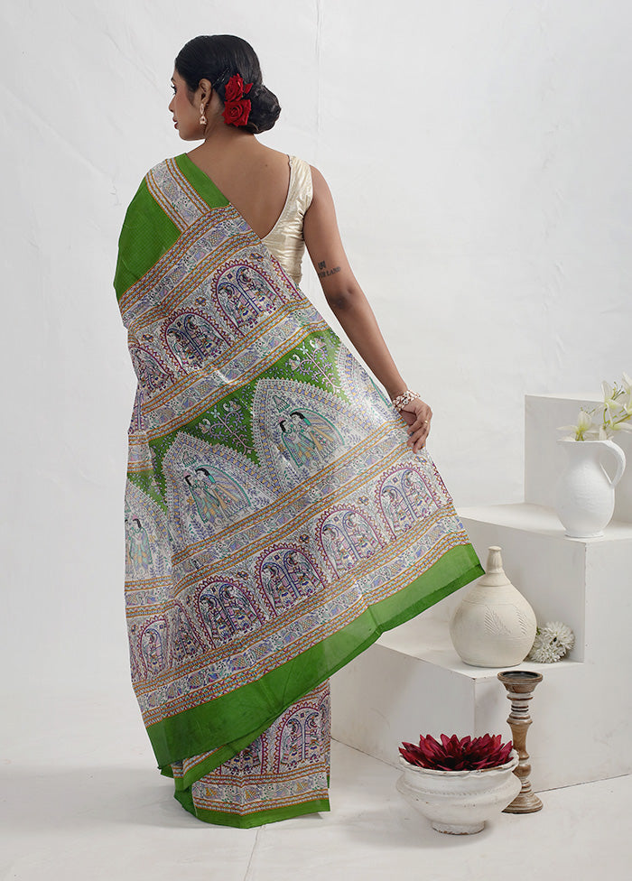 Green Madhubani Printed Pure Silk Saree With Blouse Piece - Indian Silk House Agencies