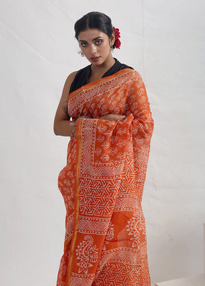 Orange Chanderi Cotton Saree With Blouse Piece - Indian Silk House Agencies