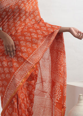 Orange Chanderi Cotton Saree With Blouse Piece - Indian Silk House Agencies