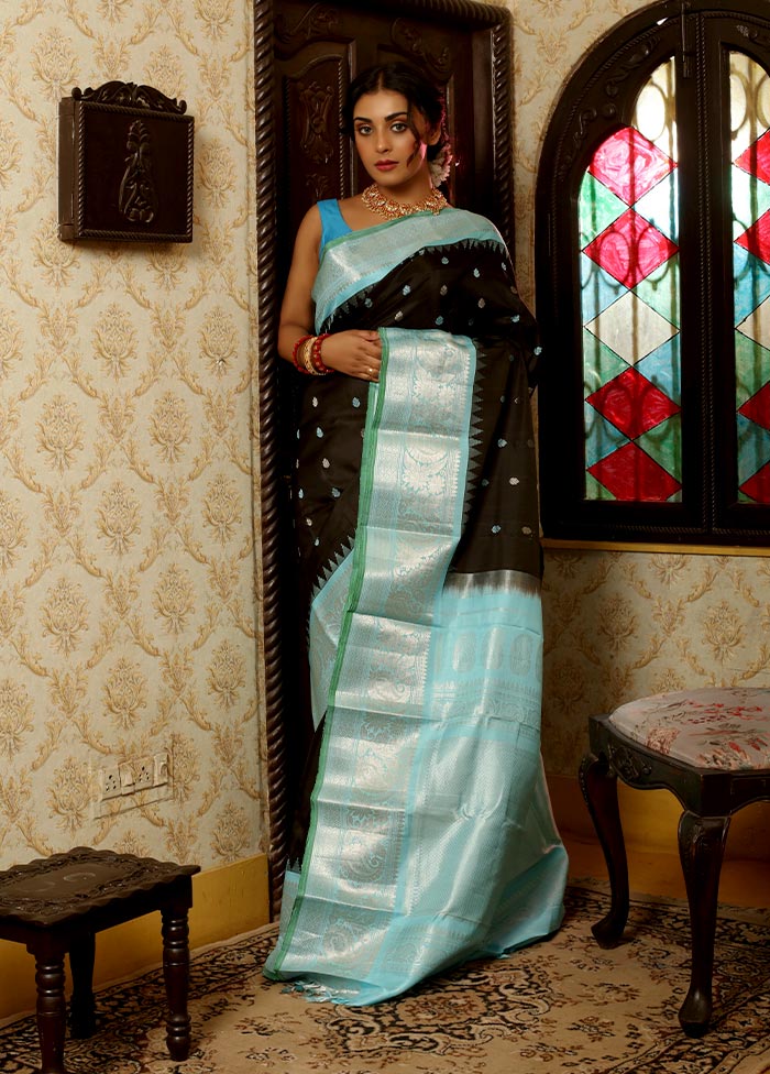 Black Pure Gadwal Silk Saree Without Blouse Piece - Indian Silk House Agencies