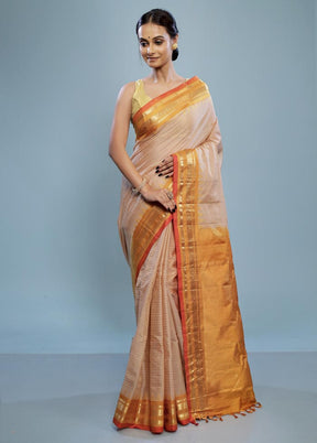 Cream Silk Cotton Gadwal Saree Without Blouse Piece - Indian Silk House Agencies