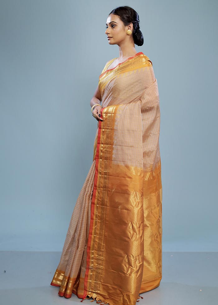 Cream Silk Cotton Gadwal Saree Without Blouse Piece - Indian Silk House Agencies