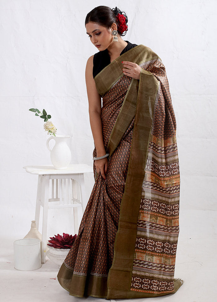 Brown Tussar Silk Saree With Blouse Piece - Indian Silk House Agencies