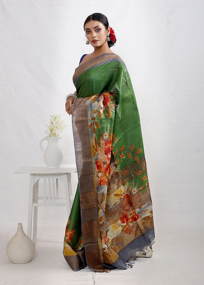 Green Tussar Silk Saree With Blouse Piece - Indian Silk House Agencies