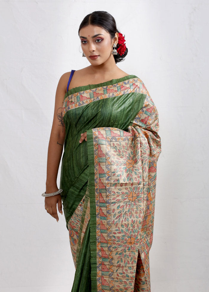 Green Madhubani Printed Tussar Silk Saree With Blouse Piece - Indian Silk House Agencies