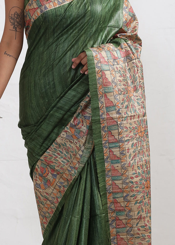 Green Madhubani Printed Tussar Silk Saree With Blouse Piece - Indian Silk House Agencies