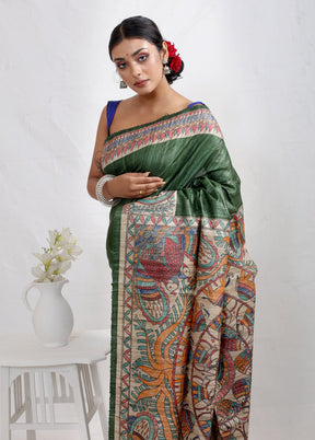 Green Madhubani Printed Tussar Silk Saree With Blouse Piece - Indian Silk House Agencies