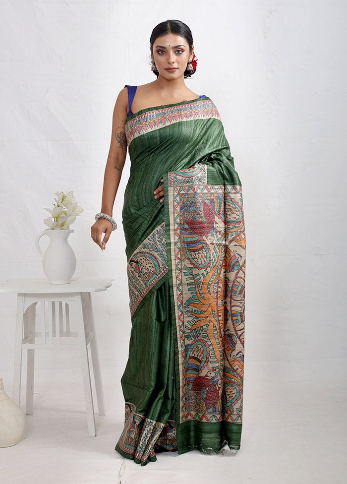 Green Madhubani Printed Tussar Silk Saree With Blouse Piece - Indian Silk House Agencies