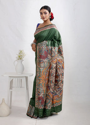 Green Madhubani Printed Tussar Silk Saree With Blouse Piece - Indian Silk House Agencies