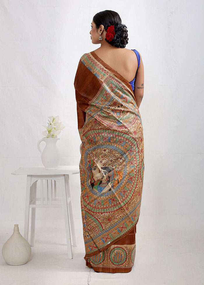 Rust Madhubani Printed Tussar Silk Saree With Blouse Piece - Indian Silk House Agencies