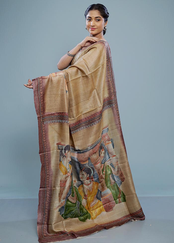 Cream Embroidered Tussar Silk Saree With Blouse Piece - Indian Silk House Agencies