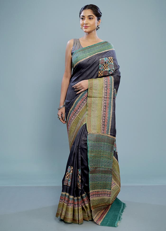 Black Embroidered Tussar Silk Saree With Blouse Piece - Indian Silk House Agencies