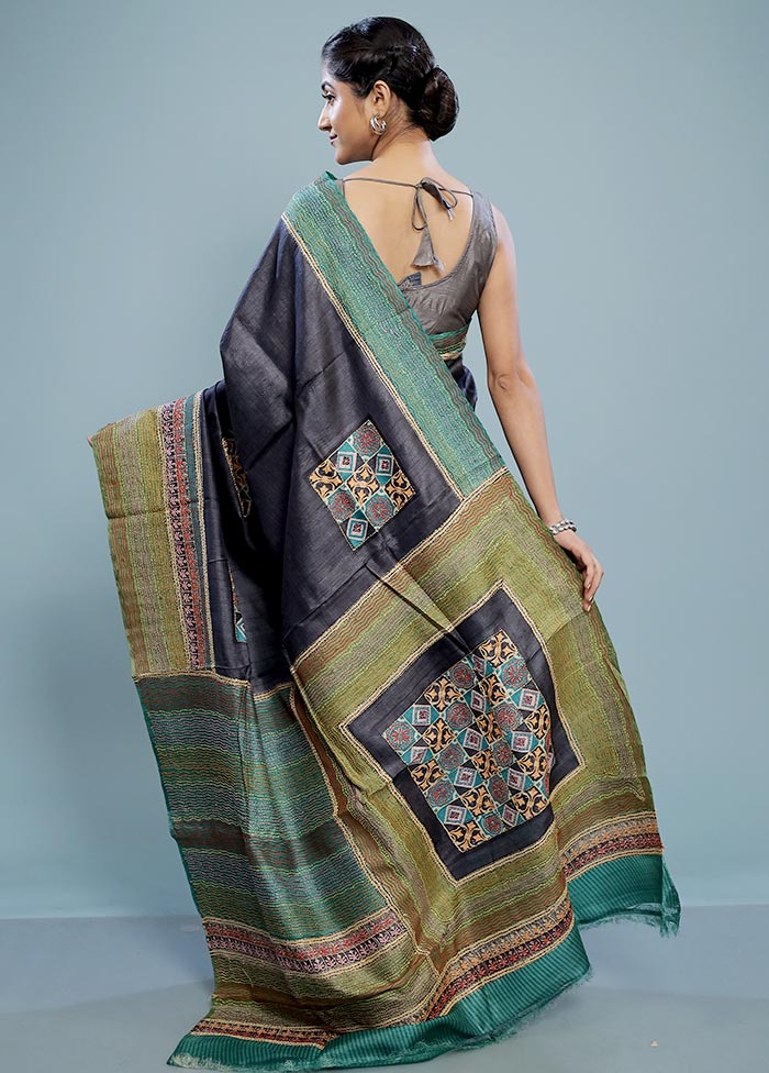 Black Embroidered Tussar Silk Saree With Blouse Piece - Indian Silk House Agencies