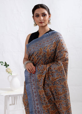 Grey Tussar Pure Silk Saree With Blouse Piece - Indian Silk House Agencies