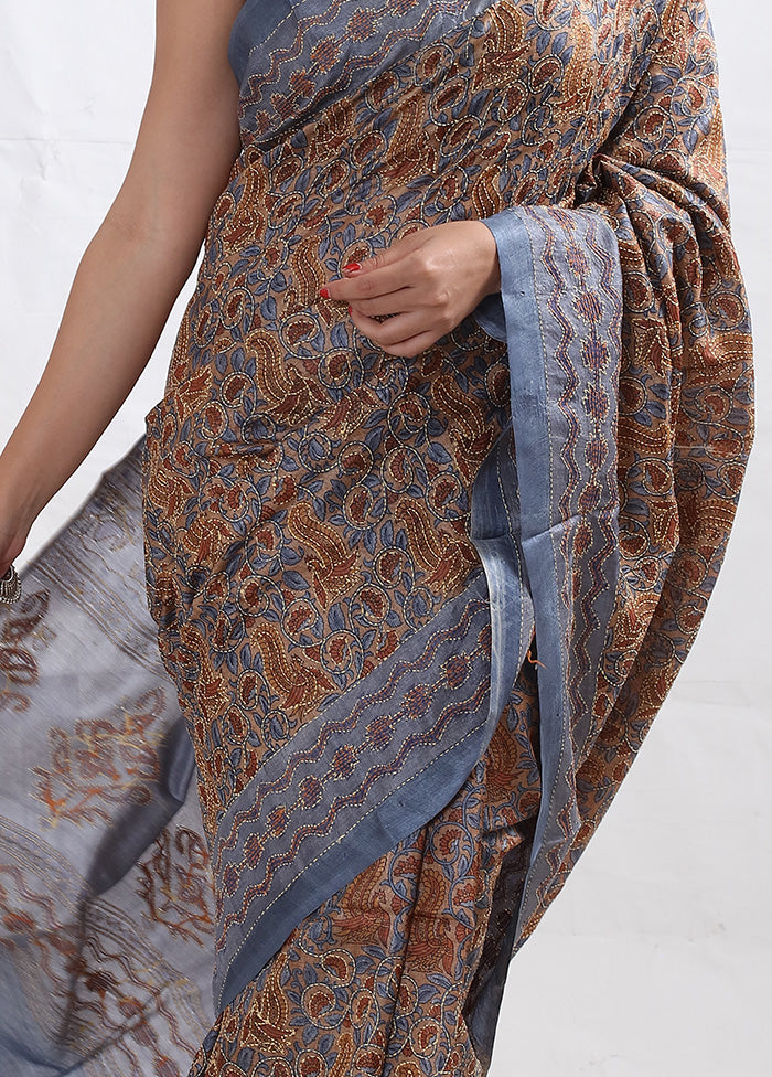 Grey Tussar Pure Silk Saree With Blouse Piece - Indian Silk House Agencies