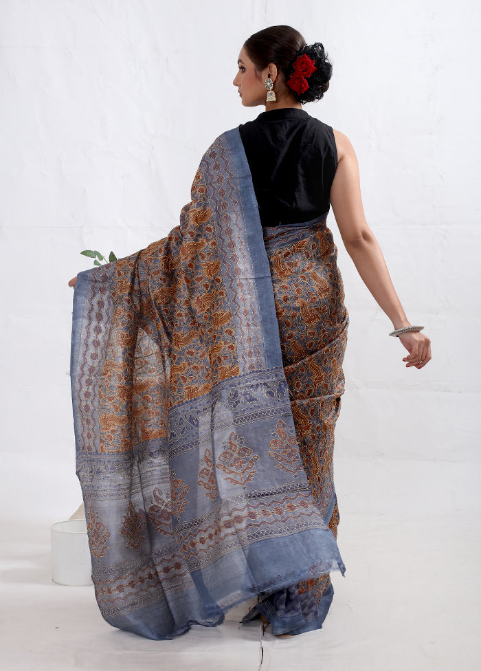 Grey Tussar Pure Silk Saree With Blouse Piece - Indian Silk House Agencies