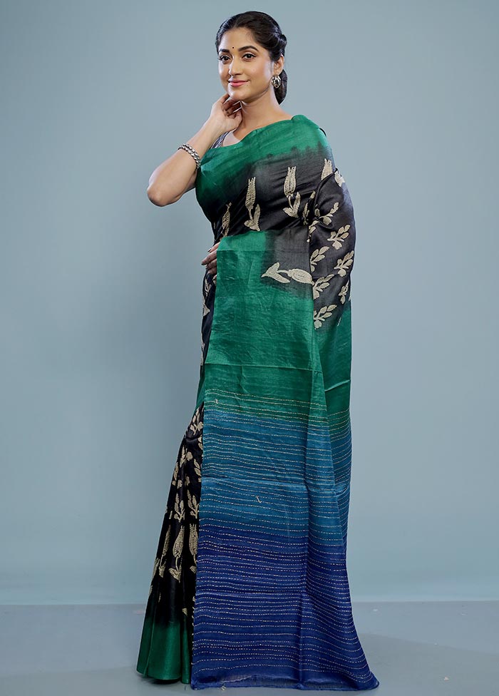 Black Tussar Silk Saree With Blouse Piece - Indian Silk House Agencies