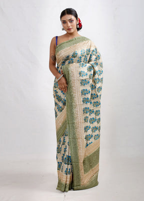 Cream Embroidered Tussar Silk Saree With Blouse Piece - Indian Silk House Agencies