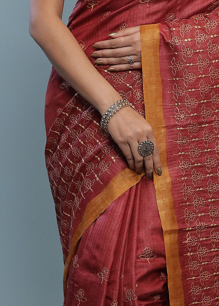 Coral Embroidered Tussar Silk Saree With Blouse Piece - Indian Silk House Agencies
