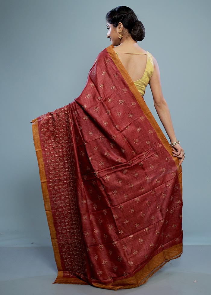 Coral Embroidered Tussar Silk Saree With Blouse Piece - Indian Silk House Agencies