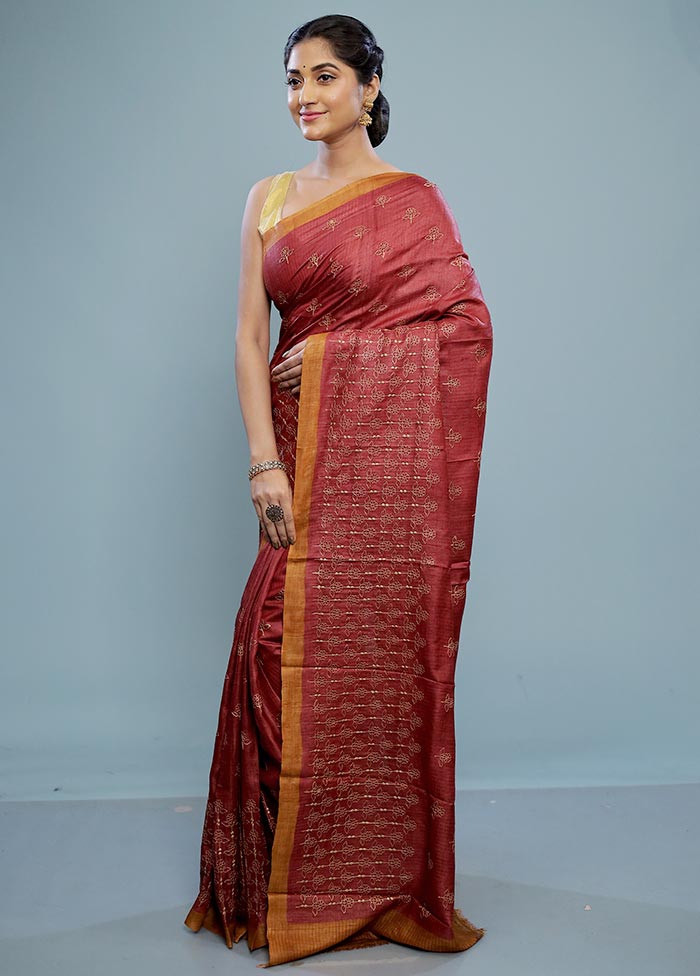 Coral Embroidered Tussar Silk Saree With Blouse Piece - Indian Silk House Agencies