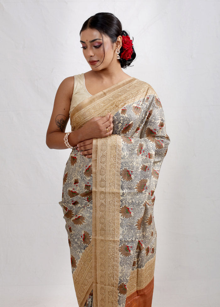 Cream Embroidered Tussar Silk Saree With Blouse Piece - Indian Silk House Agencies