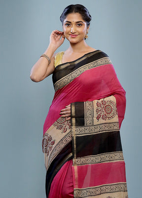 Pink Chanderi Cotton Saree With Blouse Piece - Indian Silk House Agencies