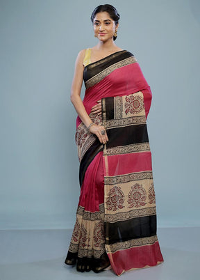 Pink Chanderi Cotton Saree With Blouse Piece - Indian Silk House Agencies