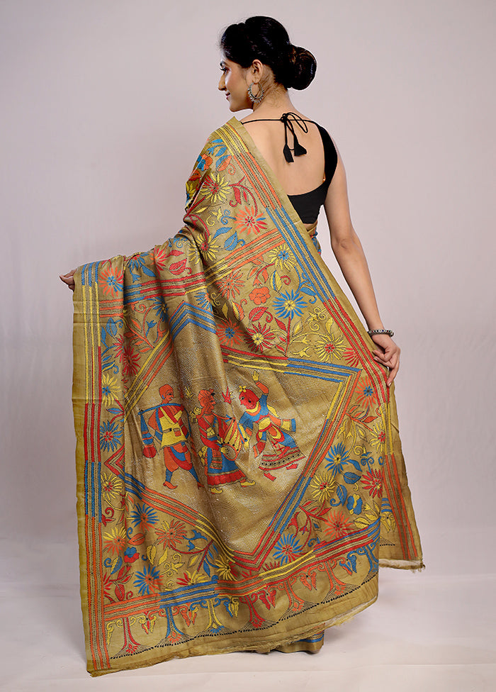 Green Kantha Stitch Pure Silk Saree With Blouse Piece - Indian Silk House Agencies