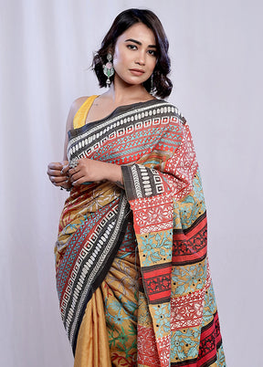 Yellow Kantha Stitch Pure Silk Saree With Blouse Piece - Indian Silk House Agencies