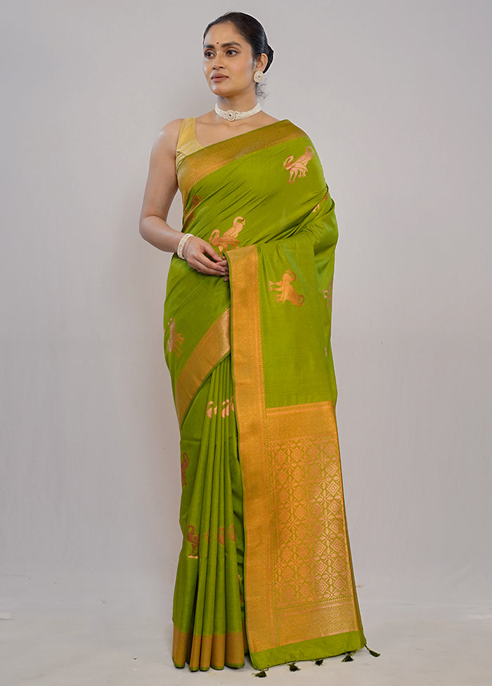 Green Dupion Silk Saree With Blouse Piece - Indian Silk House Agencies