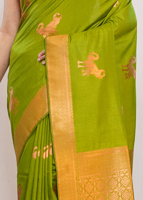 Green Dupion Silk Saree With Blouse Piece - Indian Silk House Agencies