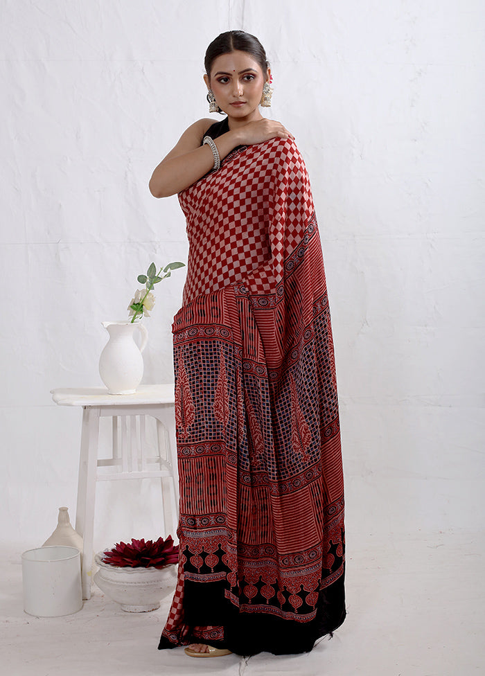 Maroon Printed Pure Silk Saree With Blouse Piece - Indian Silk House Agencies