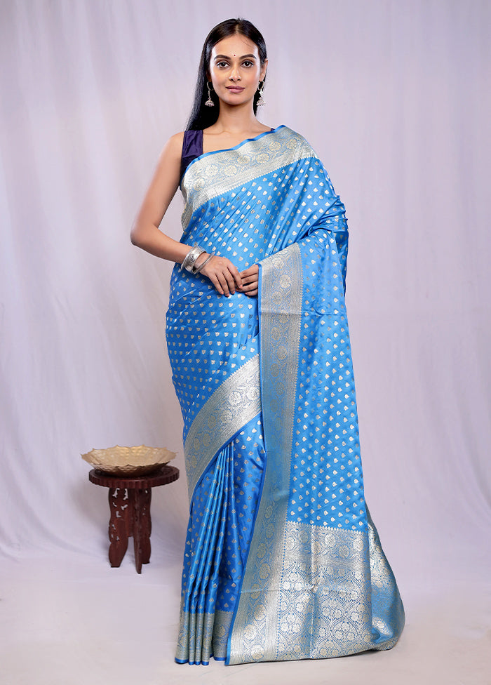 Blue Banarasi Silk Saree With Blouse Piece - Indian Silk House Agencies