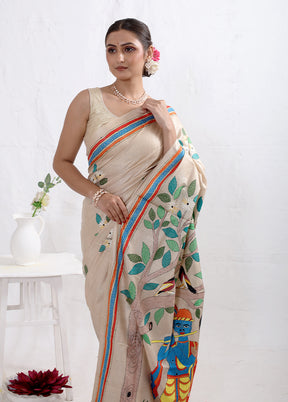 Cream Kantha Stitch Pure Silk Saree With Blouse Piece - Indian Silk House Agencies