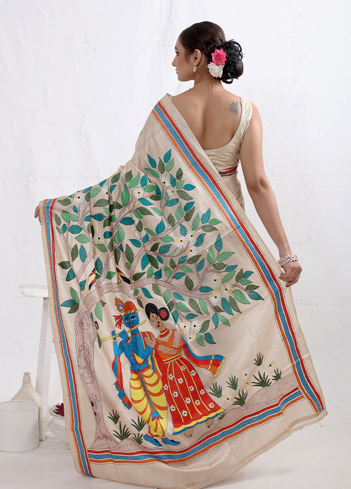 Cream Kantha Stitch Pure Silk Saree With Blouse Piece - Indian Silk House Agencies