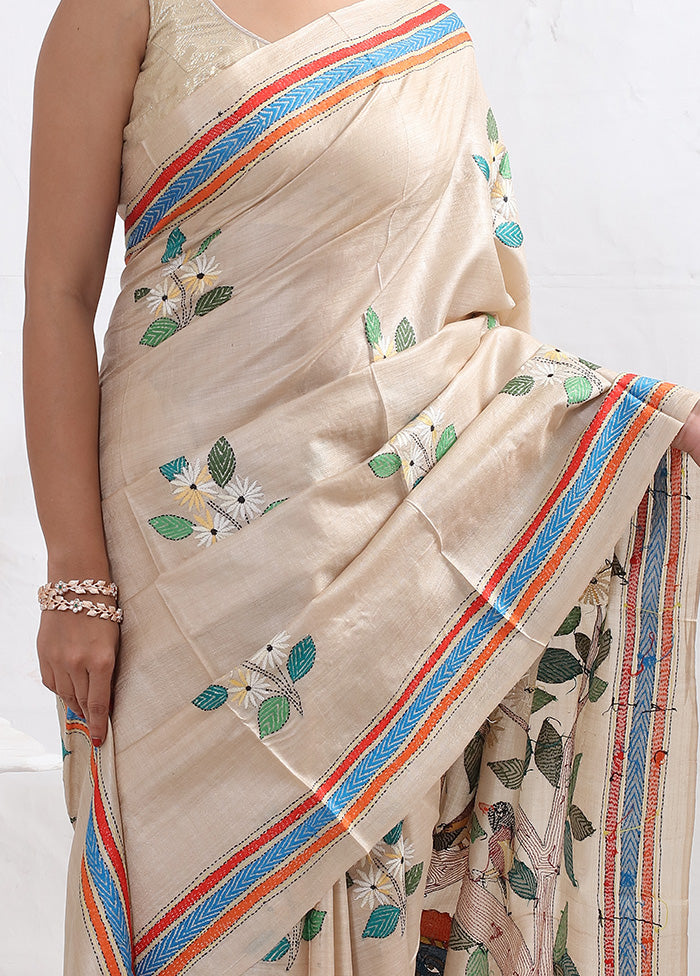 Cream Kantha Stitch Pure Silk Saree With Blouse Piece - Indian Silk House Agencies