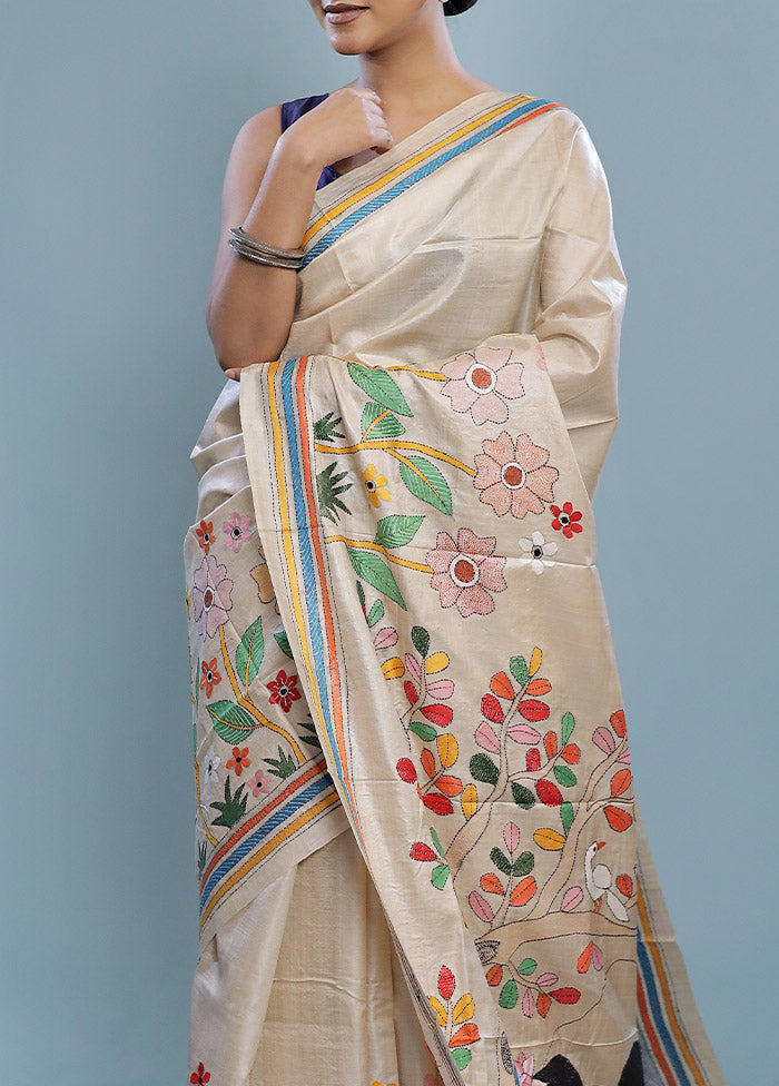 Cream Kantha Stitch Pure Silk Saree With Blouse Piece - Indian Silk House Agencies