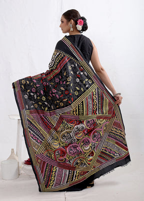 Black Kantha Stitch Pure Silk Saree With Blouse Piece - Indian Silk House Agencies