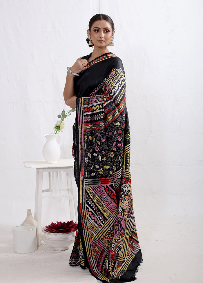 Black Kantha Stitch Pure Silk Saree With Blouse Piece - Indian Silk House Agencies