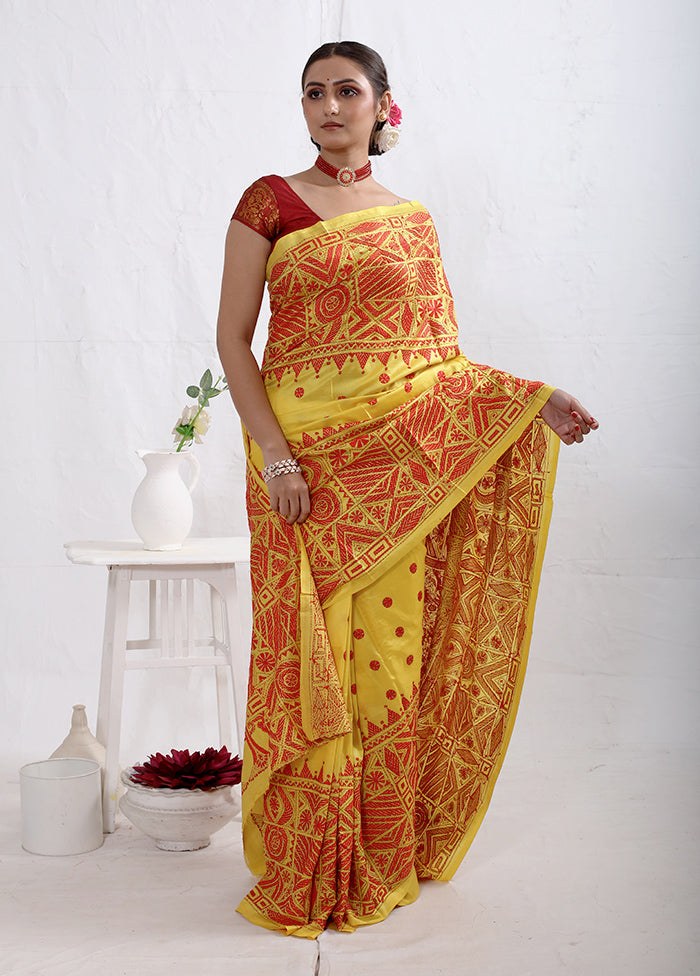Yellow Kantha Stitch Pure Silk Saree With Blouse Piece - Indian Silk House Agencies