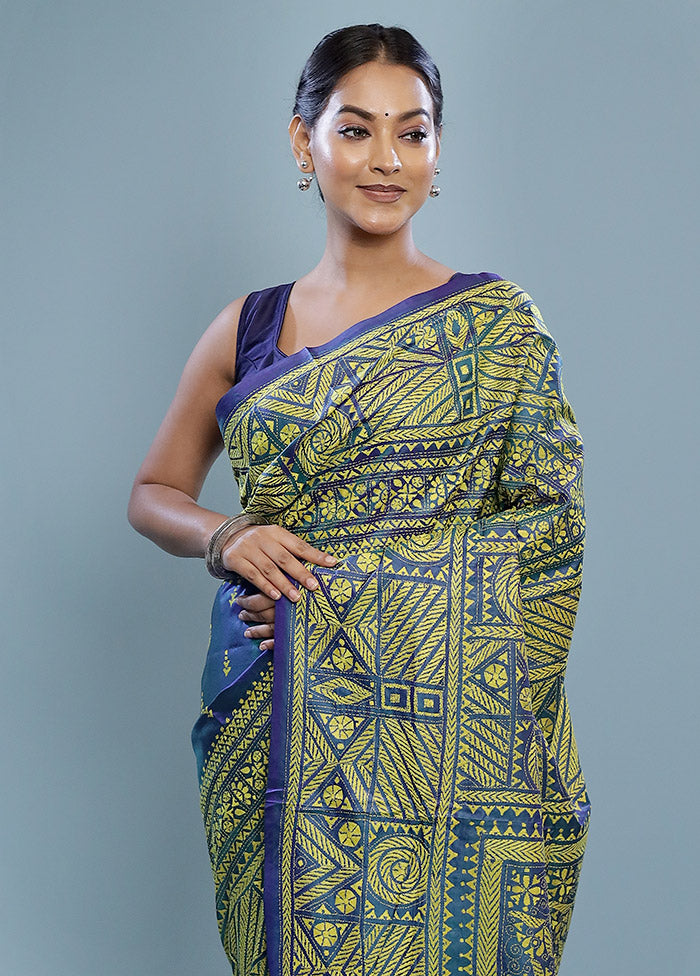 Blue Kantha Stitch Pure Silk Saree With Blouse Piece - Indian Silk House Agencies