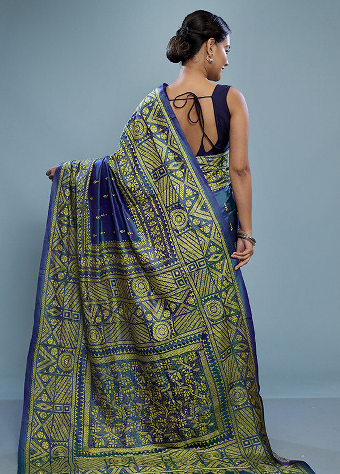 Blue Kantha Stitch Pure Silk Saree With Blouse Piece - Indian Silk House Agencies