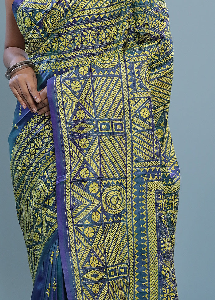 Blue Kantha Stitch Pure Silk Saree With Blouse Piece - Indian Silk House Agencies