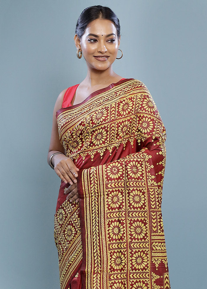 Maroon Kantha Stitch Pure Silk Saree With Blouse Piece - Indian Silk House Agencies