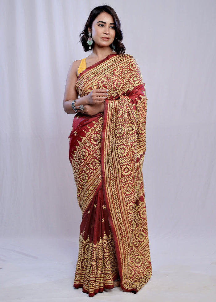 Maroon Kantha Stitch Pure Silk Saree With Blouse Piece - Indian Silk House Agencies