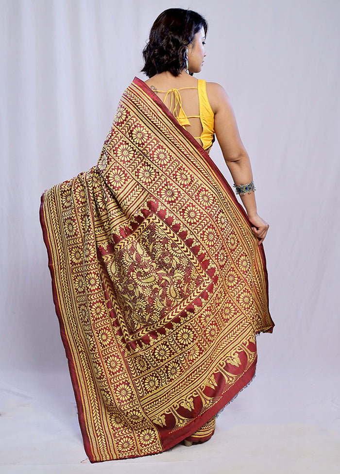 Maroon Kantha Stitch Pure Silk Saree With Blouse Piece - Indian Silk House Agencies