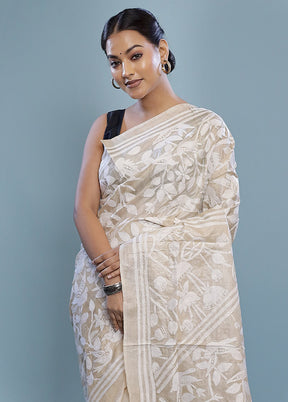 Cream Gachi Tussar Nakshi Kantha Saree With Blouse Piece - Indian Silk House Agencies